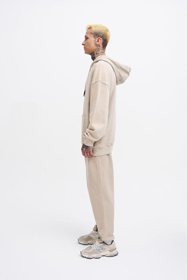 Erkek Yıkamalı Basic Kapüşonlu Oversize Sweatshirt Açık Bej - 7