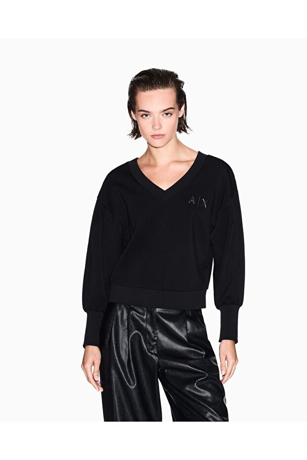 Women's Comfortable Fit V-Neck Ax Logo Embossed Long Sleeve Black Sweatshirt