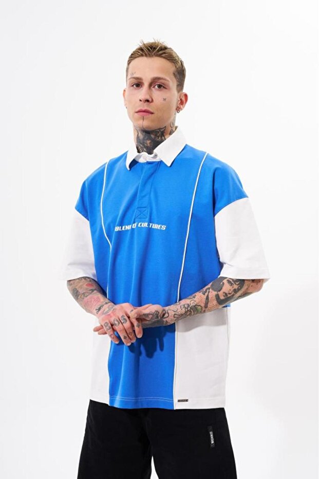 Men's Piping and Contrast Printed Polo T-Shirt Light Blue-Ecru