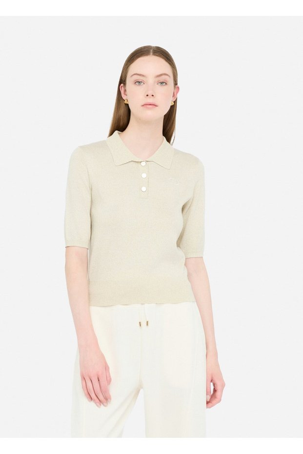 Women's Regular Fit Polo Neck Short Sleeve Knitted Ecru Polo Neck T-Shirt