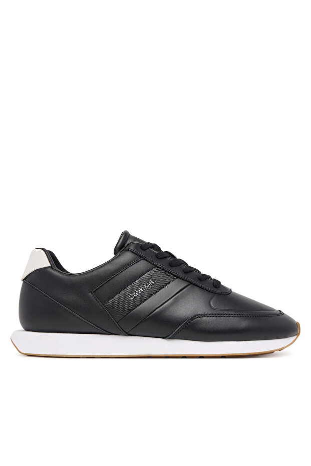 Men's Leather Comfortable Sole Round Toe Calvin Lettering Detail Black Sneaker