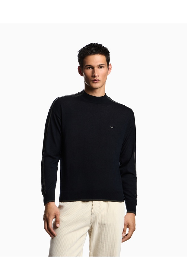Men's Regular Fit Round Neck Eagle Logo Long Sleeve Navy Blue Sweater