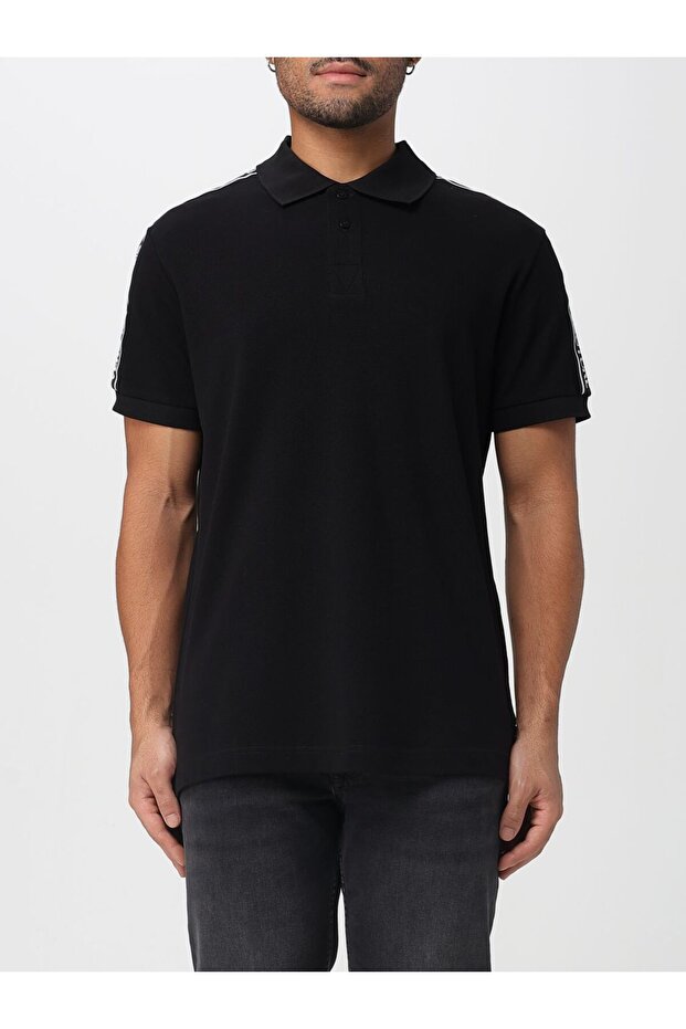 Men's Regular Fit Shoulder Logo Stripe Cotton Short Sleeve Black Polo Collar T-Shirt