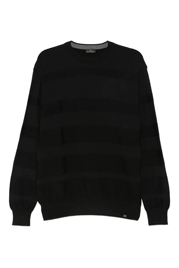 Men's Regular Fit 100% Pure Wool Striped Ribbed Round Neck Long Sleeve Black Knitwear