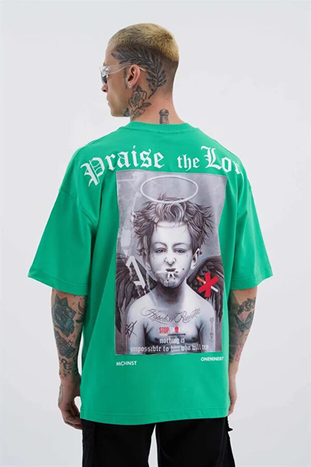 Men's Bad Angels Printed Oversize Light Green T-Shirt