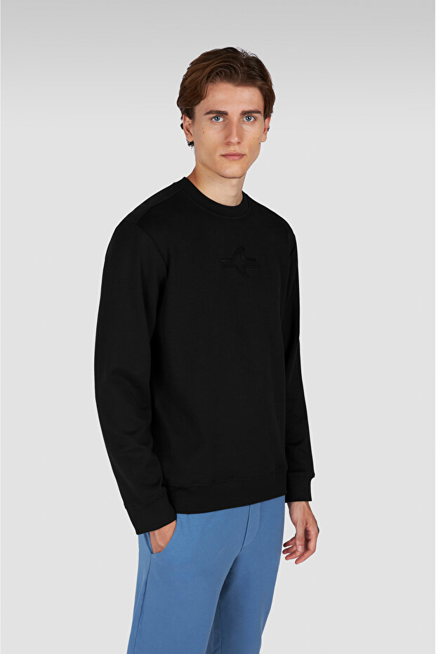 Men's Regular Fit Round Neck Shark Logo Embroidered Long Sleeve Black Sweatshirt