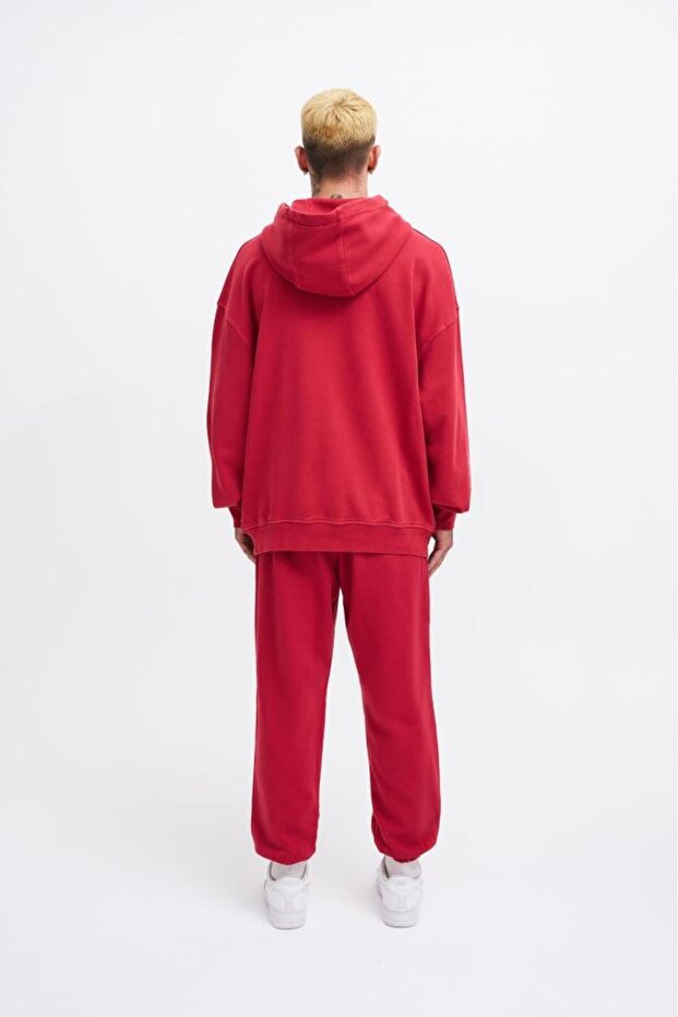 Erkek Basic Solid Kapüşonlu Oversize Yıkamalı Kırmızı Sweatshirt - 8
