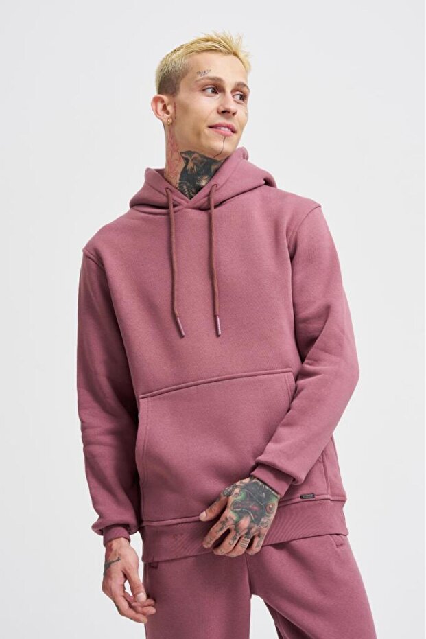 Erkek Regular Basic Kapüşonlu Sweatshirt Mürdüm - 1