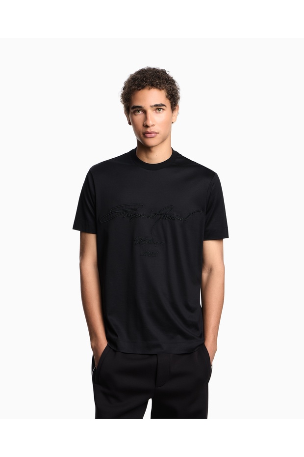 Men's Regular Fit Round Neck Logo Embroidered Cotton Short Sleeve Black T-Shirt