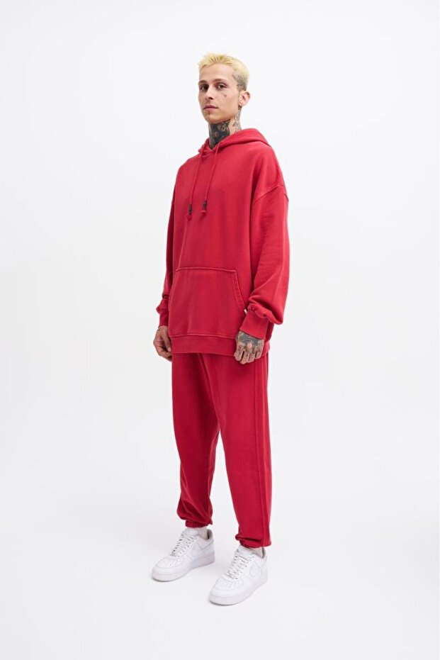 Erkek Basic Solid Kapüşonlu Oversize Yıkamalı Kırmızı Sweatshirt - 6