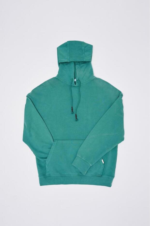 Erkek Yıkamalı Basic Kapüşonlu Oversize Sweatshirt Yağ Yeşili - 8