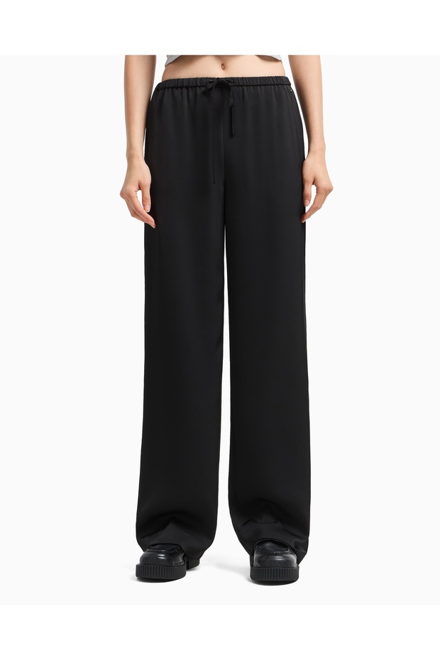 Women's Wide Leg Tied Elastic Waist Straight Relaxed Cut Black Trousers