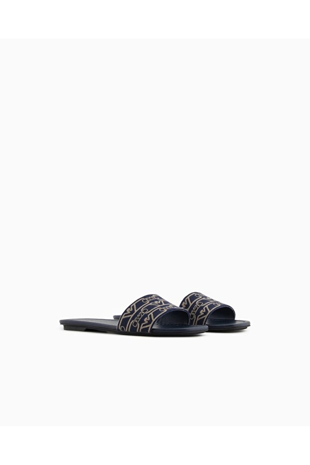 Women's All-Over Monogram Leather Sole Thin Heel Navy Blue Slippers