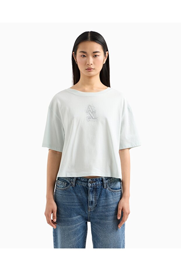 Women's Regular Fit Rhinestone Embellished 100% Cotton Crop White T-Shirt