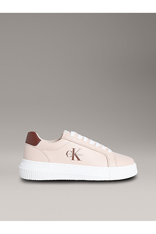 Women's Leather Laced Flat Sole Round Toe Ck Patterned Pink Sneaker