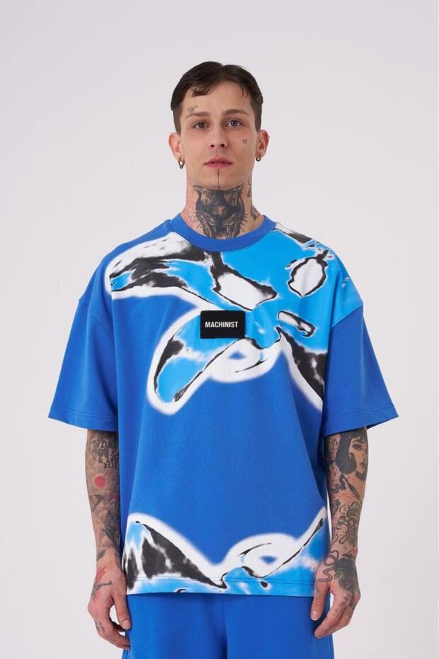 Men's Lotus Flower Printed Oversize T-Shirt Light Blue