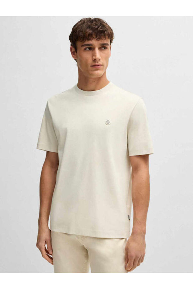 Erkek Regular Fit Bisiklet Yaka Marka Logolu Bej T-Shirt - 1