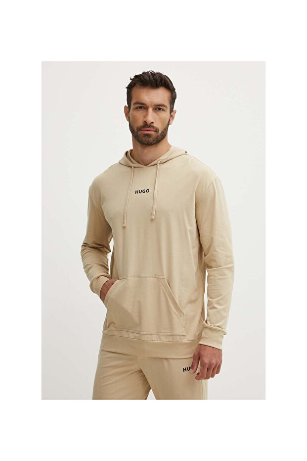 Men's Hooded Collar Regular Fit Cotton Long Sleeve Cream Sweatshirt
