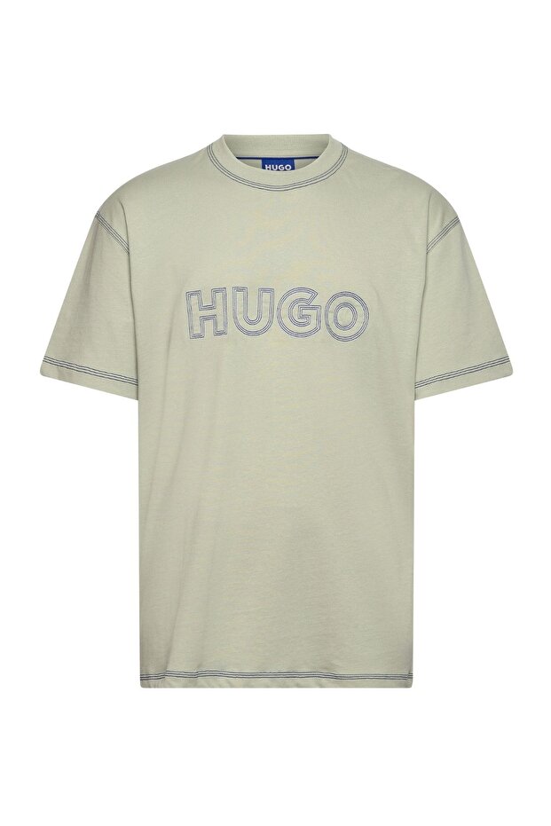 Men's Embroidered Brand Logo Crew Neck Short Sleeve Relaxed Fit Ecru T-Shirt