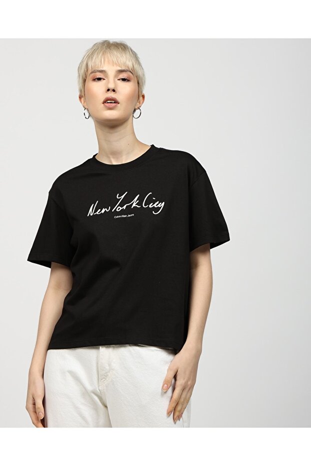 Women's Regular Fit Crew Neck Patterned Short Sleeve Black T-Shirt