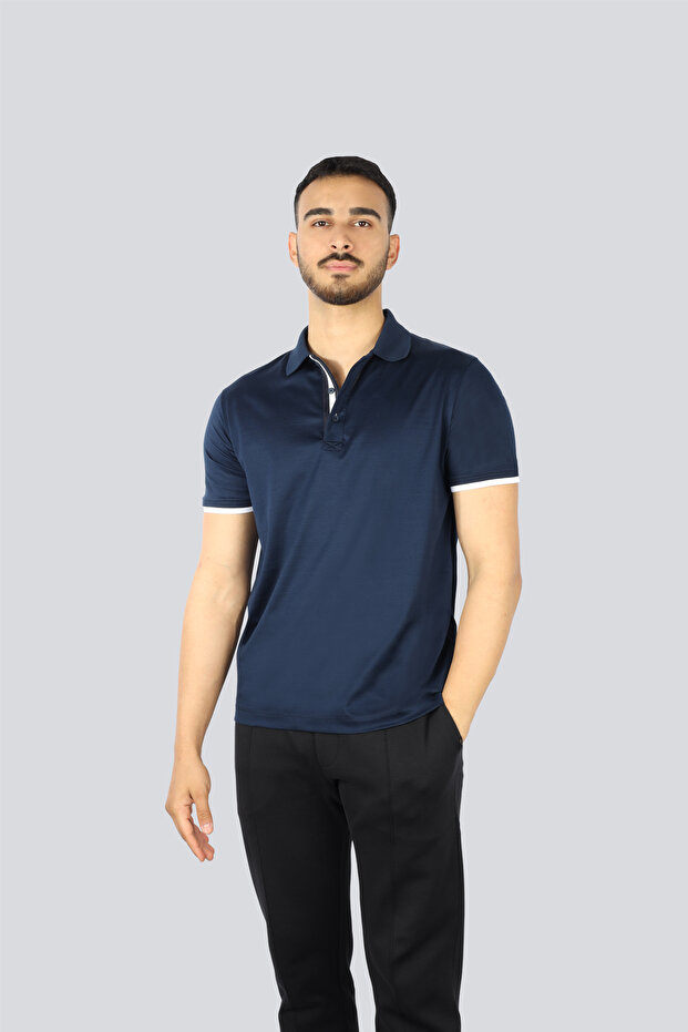 Men's 100% Cotton Regular Cut Short Sleeve Navy Blue Polo Collar T-Shirt