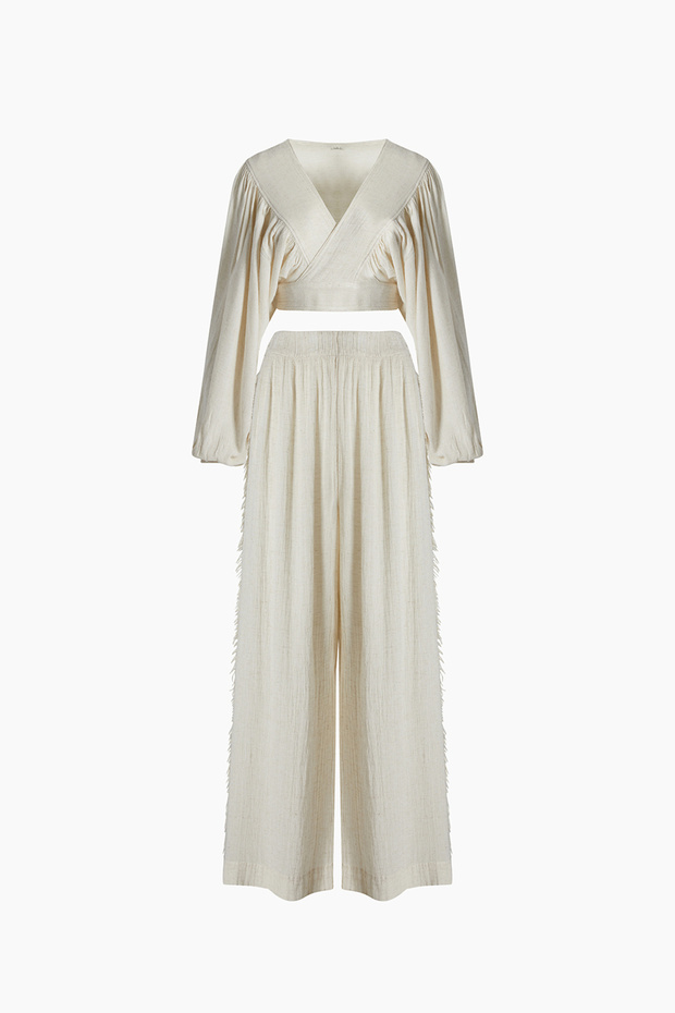 Women's Cream Wrinkled Pants Set