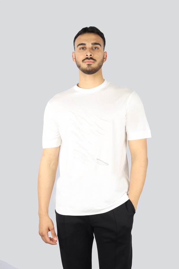 Men's Regular Fit Round Neck Stitched Embroidered Short Sleeve White T-Shirt
