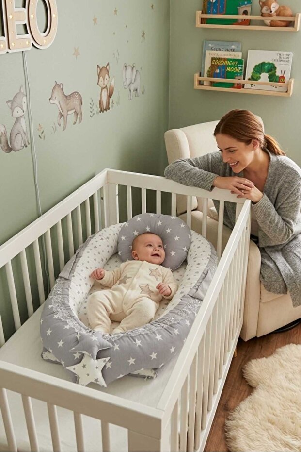 Babynest, Baby Sleeping Bed, Bed - 0-2 Years - Cotton Fabric - Light Gray Star