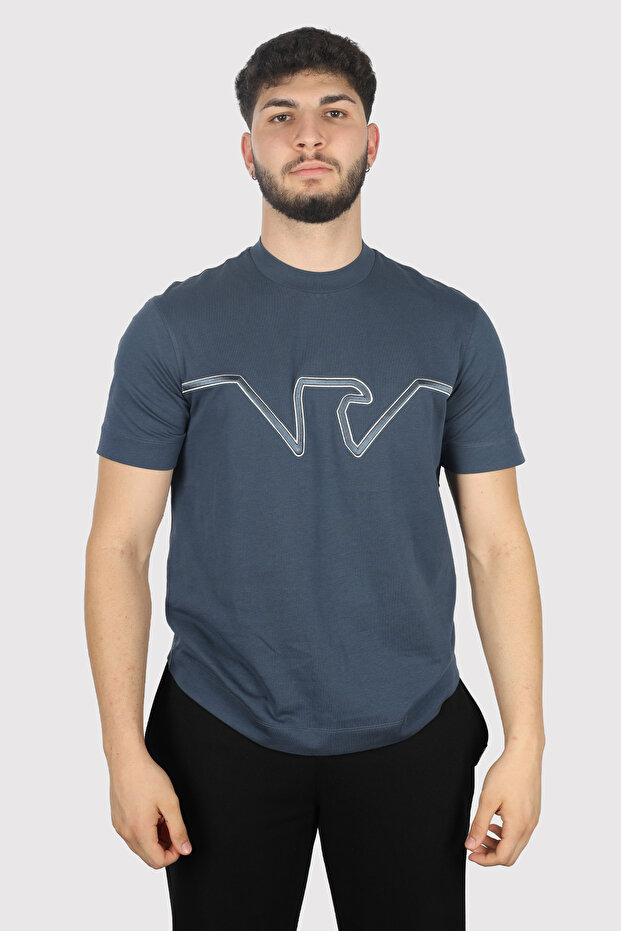 Men's Woven Crew Neck Short Sleeve Casual Blue T-Shirt