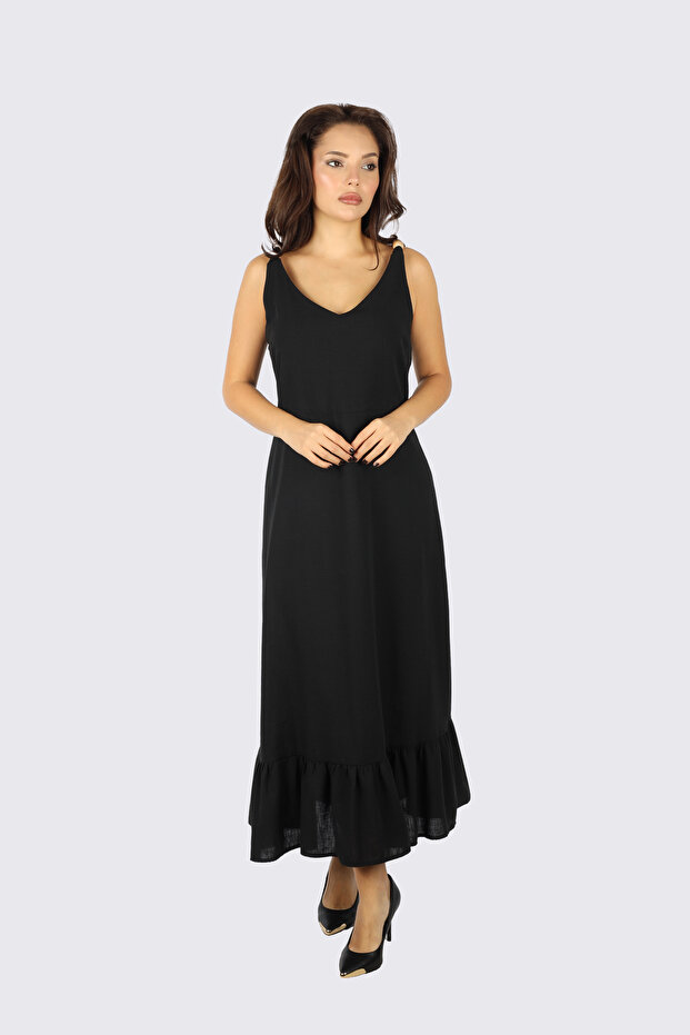 Women's Regular Fit V-Neck Sleeveless Flowy Hem Black Dress