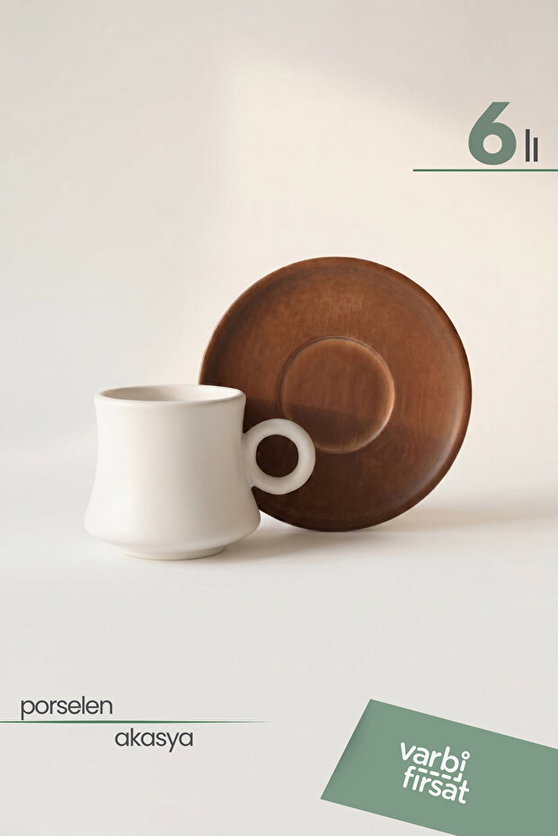 Set of 6 Porcelain Cups with Natural Acacia Toned Plates | Premium Coffee Presentation Set