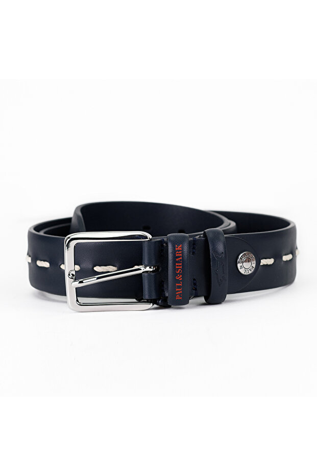 Men's Metal Buckle Leather Belt with Brand Logo in Navy Blue