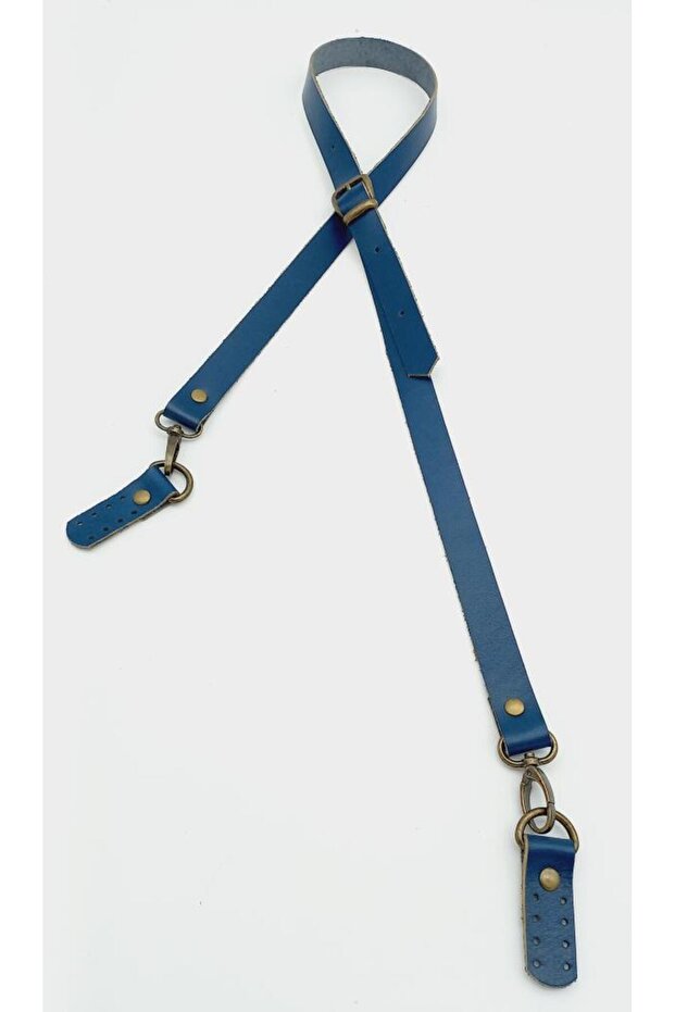 Bag Accessory Real Leather Adjusted Long Handle 2X130 Navy Blue Antique Metal