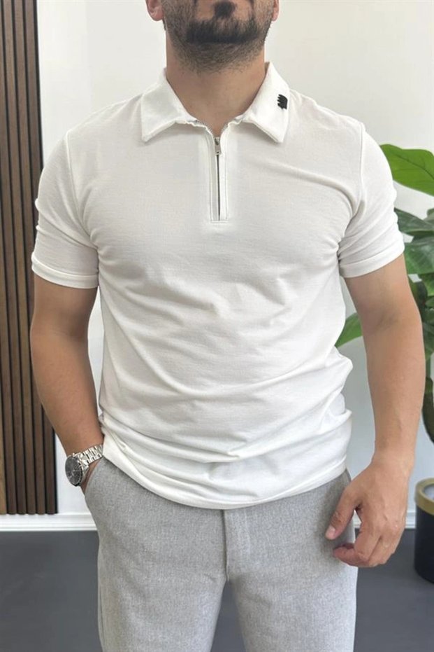 Men's Collar and Sleeve Embroidery Detailed Polo Neck Zippered T-Shirt White Edw392