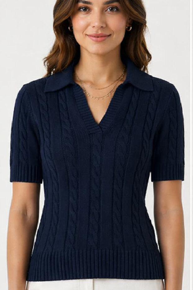 Hair Braided Polo Collar Short Sleeve Sweater/Blouse