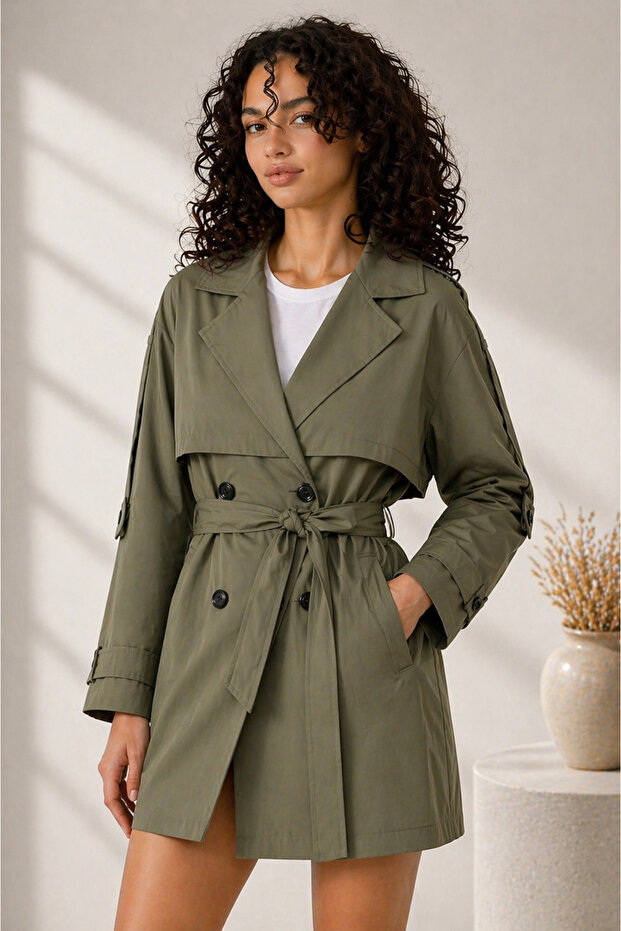 New Season Women's Belt Detailed Buttoned Double Breasted Collar Short Trench Coat