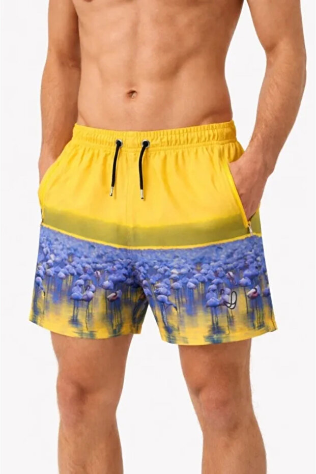 Men's Swim Shorts with Zipper Pockets and Mesh Lining, Quick Dry Premium - Yellow