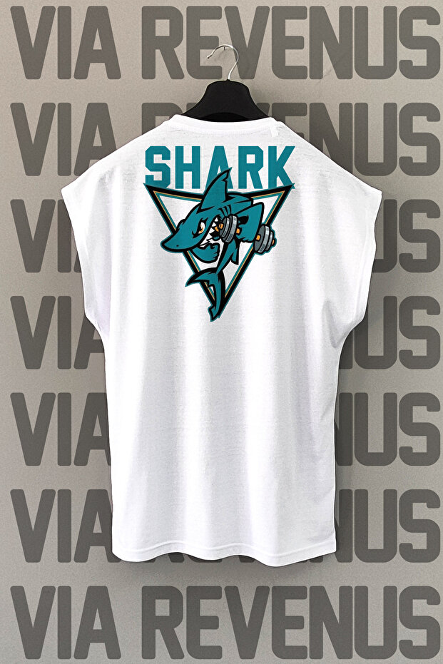 Shark Dumbell Back Printed Zero Sleeve Crew Neck Sports Tshirt