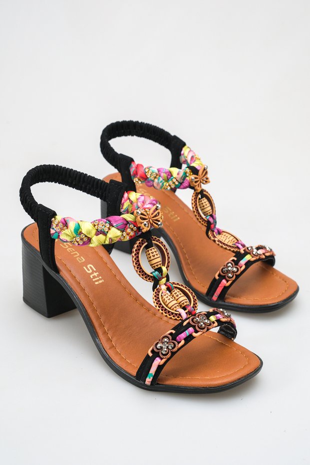 Women's Comfortable Sandals with Bead and Colorful Knit Detail, Stone Embellishments, and Elastic Ankle Strap