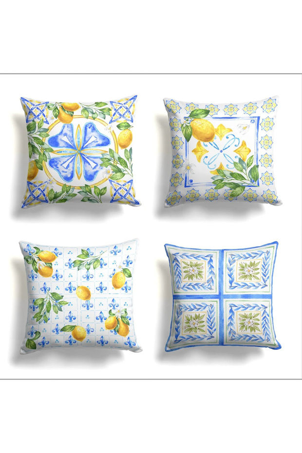 Set of 4 Mediterranean Lemon Throw Pillow Covers Blue Ceramic Patterned Decorative Pillows