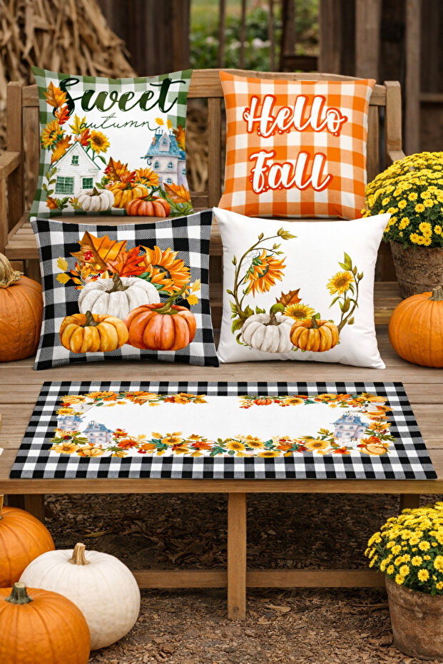 Autumn Themed Plaid Patterned Decorative 4-Piece Throw Pillow Cover and Runner Set