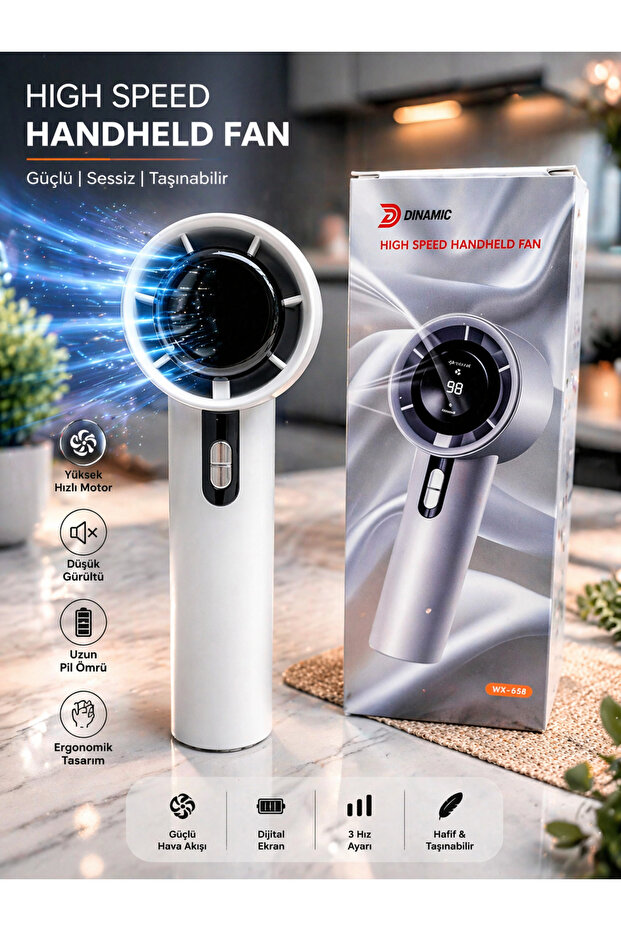 SUPER JVS Mini Klima El Fanı Led Ekranlı Taşınabilir Şarjlı Hız Göstergeli Asmalı Serinletici El Fanı Beyaz