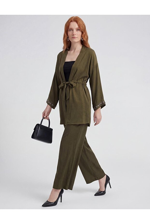 100% Lyocell Double Suit with Embroidery Detail Dark Khaki