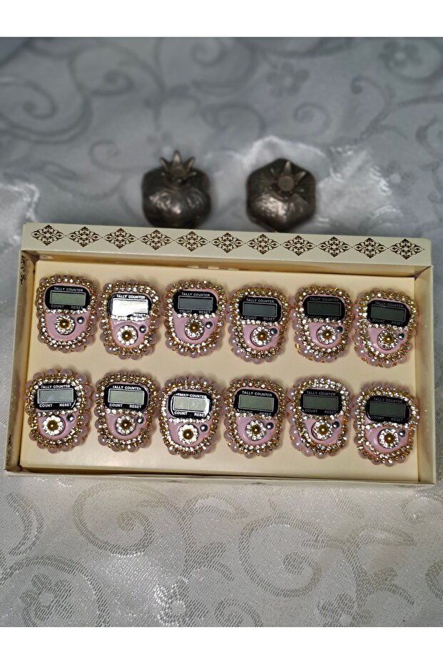 12-piece boxed digital zikirmatik with stones - pink