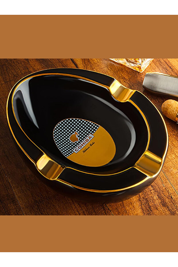 Black Ceramic Cigar Ashtray 3 Cigar Holder Oval Deep Dish with Gold Rests