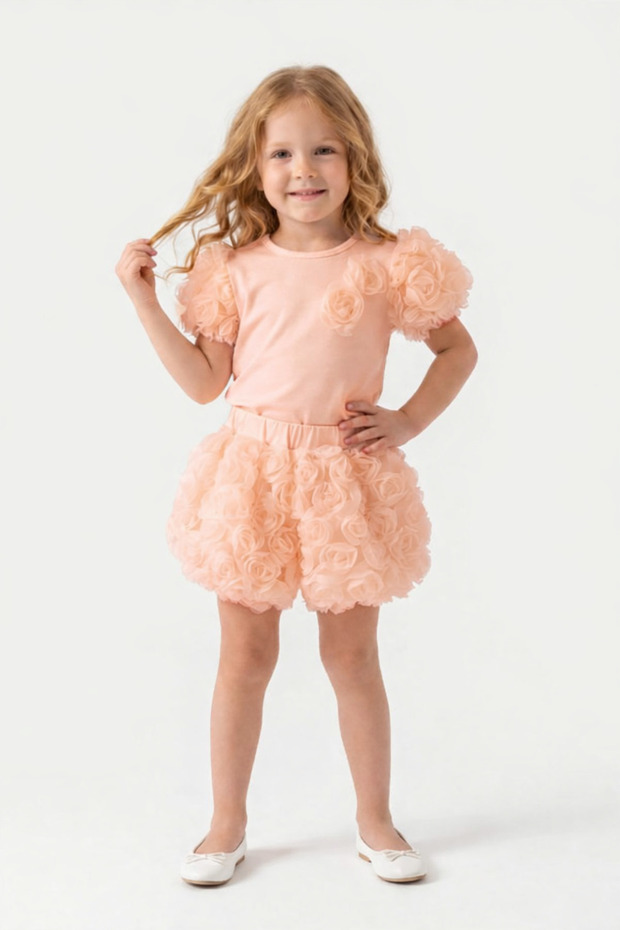 Girl's Ecru Rose Detailed Shorts Set-1004,01S