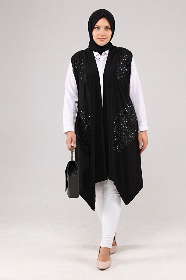 Plus Size Sequin Detailed Long Vest | Lycra Comfortable Cut Hijab Vest