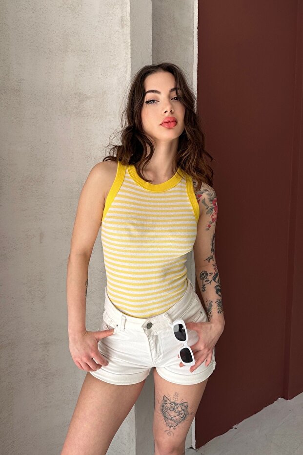 Cycling Collar, Thick Striped Bib, Flexible Camisole Fabric, Striped Sleeveless Long Tank Top