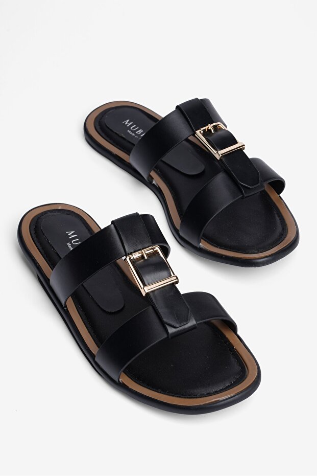 Women's Slippers with Double Straps and Gold Buckle Maral Black
