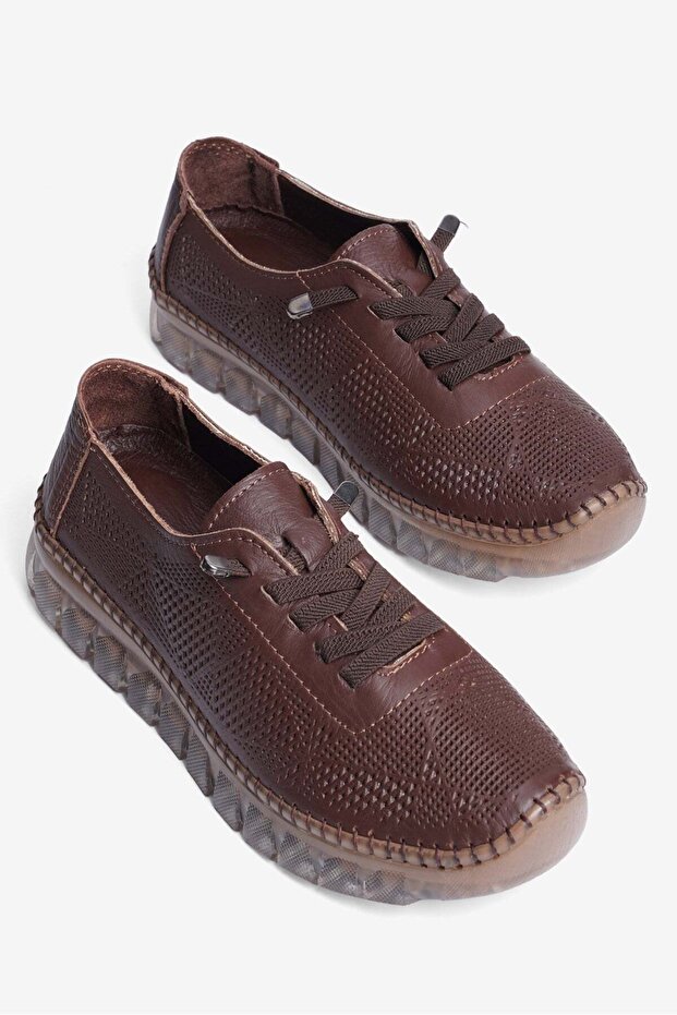Women's Genuine Leather Casual Shoes Comfortable Flexible Sole Elastic Lace-Up Vexor Brown